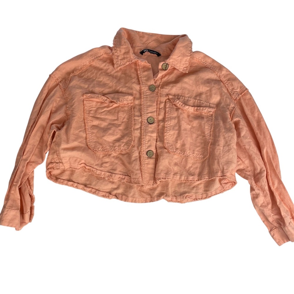 Zara Peach Coral Button Up Frayed Hem Cropped Jacket Womens Large - Picture 4 of 9